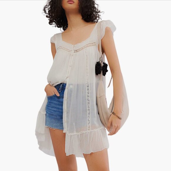 Free People Dresses & Skirts - Free People Olivia Dress White Square Neck Flutter Sleeve Button Lace Medium M